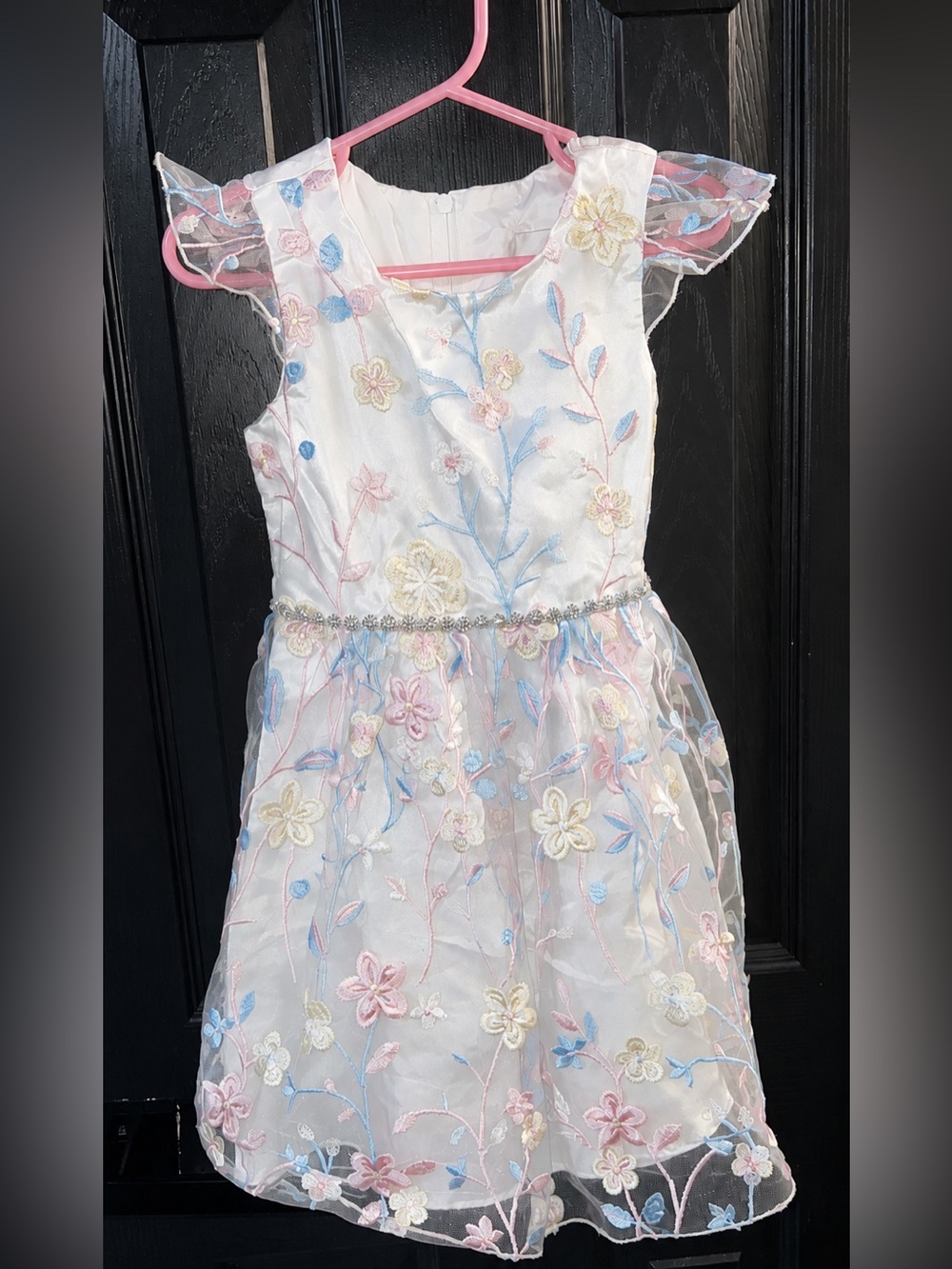 Rare Editions White Floral Embroidered Party Dress with Pink and Blue Accents 4T